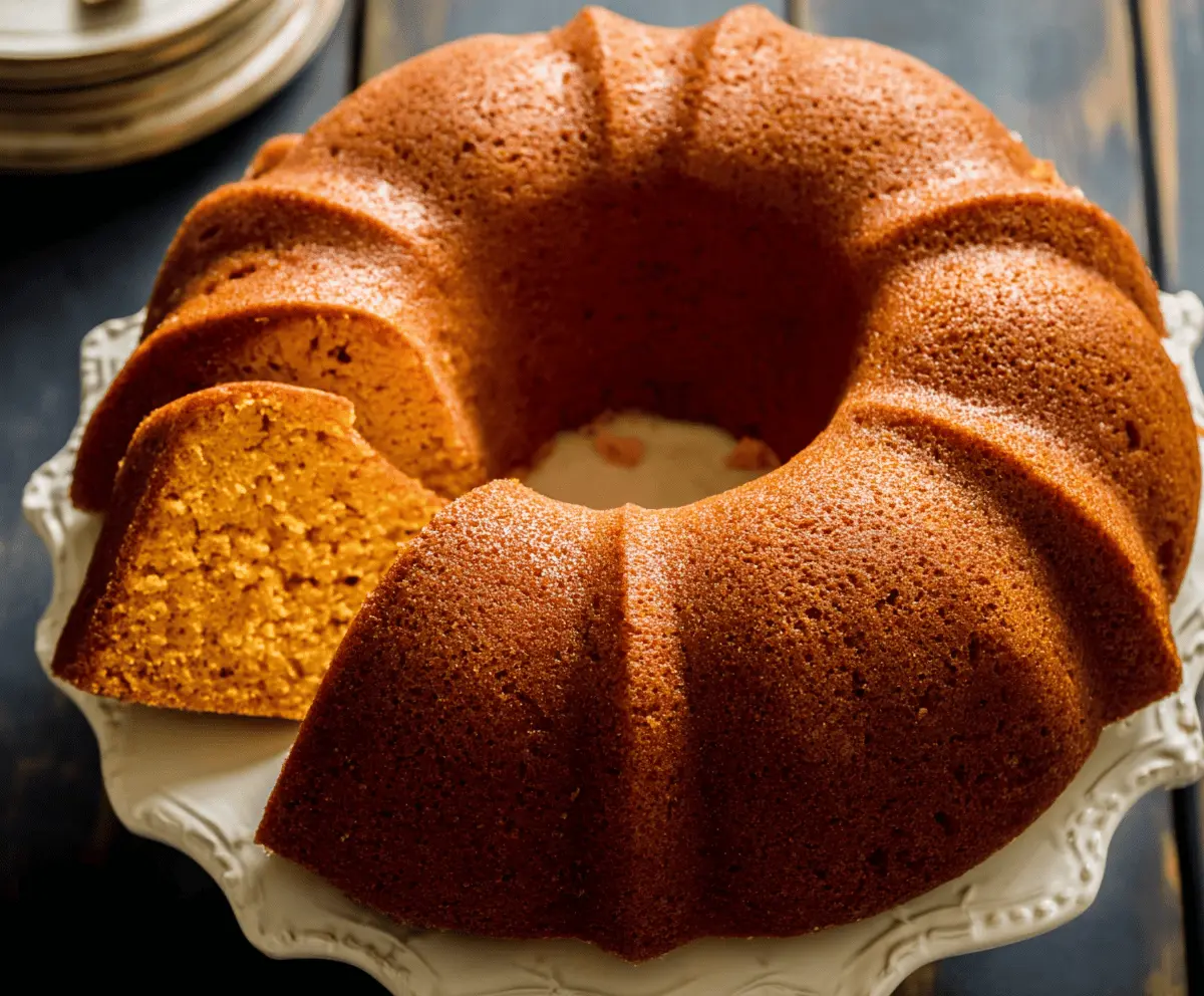 Delicious slice of sweet potato pound cake topped with a dusting of powdered sugar, served on a white plate with a fork ready to enjoy