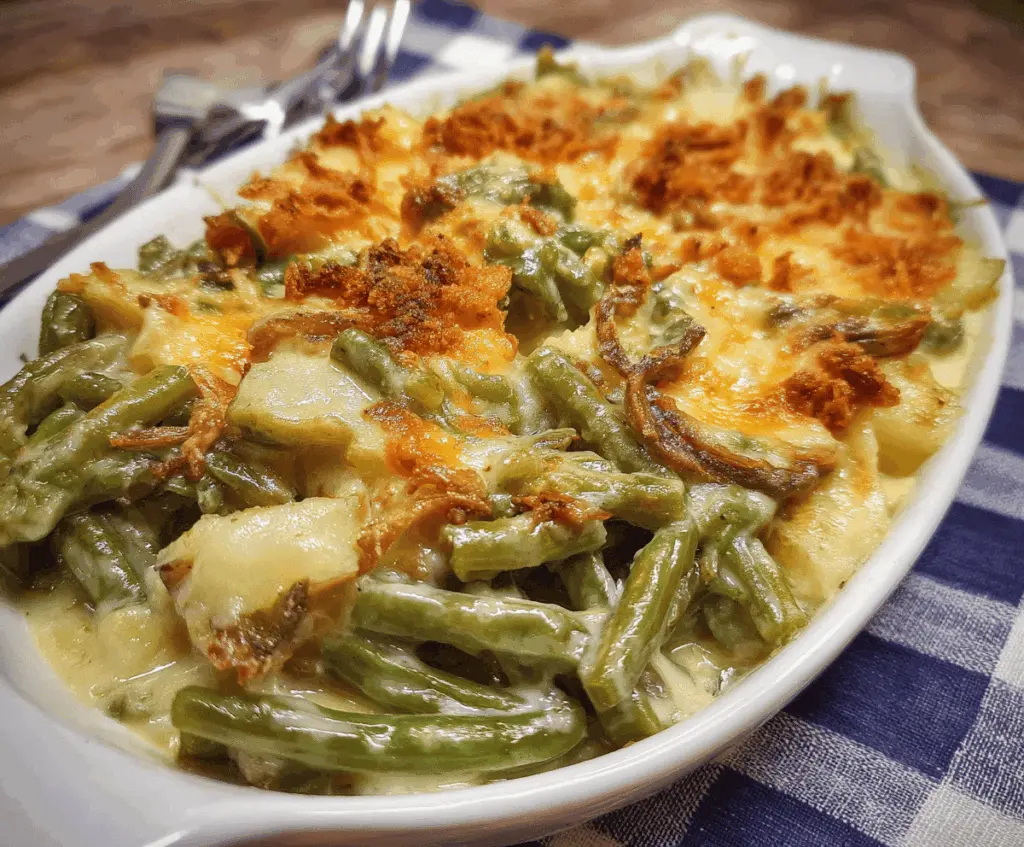 Delicious green bean casserole with crispy potatoes and golden topping, perfect for a comforting family meal