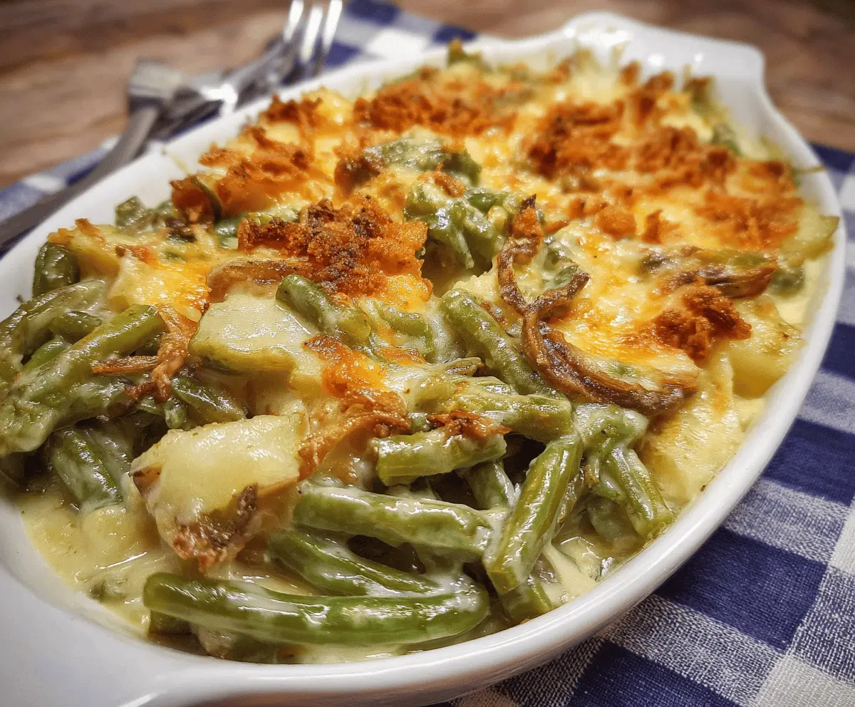 Delicious green bean casserole with crispy potatoes and golden topping, perfect for a comforting family meal