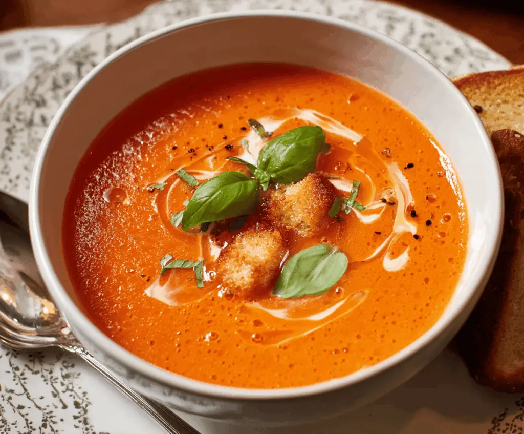 Creamy homemade tomato soup garnished with fresh basil leaves in a rustic bowl, perfect for a comforting meal.