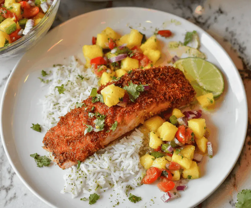 Delicious tropical coconut-crusted salmon topped with fresh pineapple salsa, served on a plate with vibrant garnishes, perfect for a flavorful seafood dish.