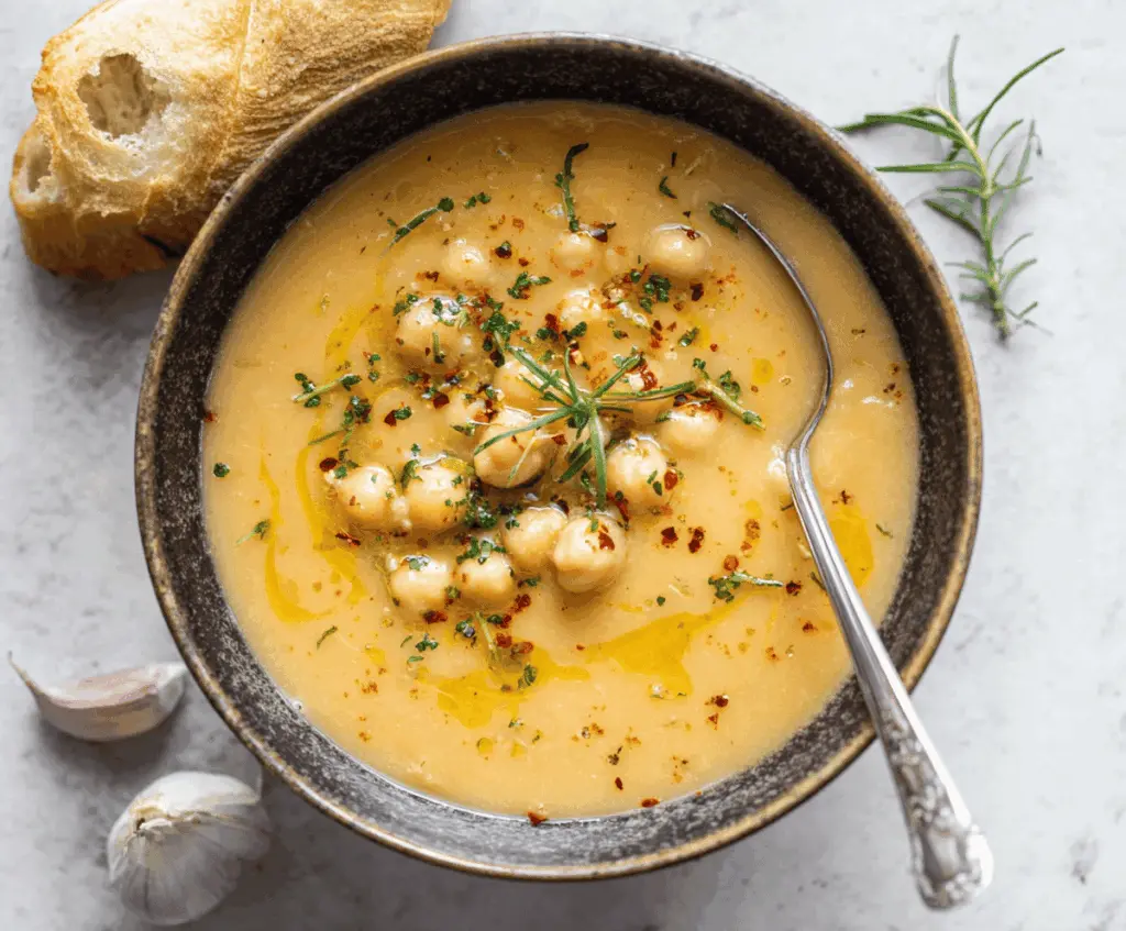 Creamy vegan garlic chickpea soup garnished with fresh herbs in a rustic bowl, featuring chickpeas, garlic, and vegetables for a hearty plant-based meal.