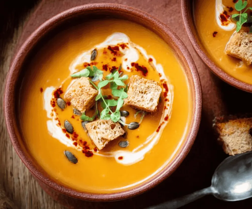 Warm vegan sweet potato soup served in a bowl with fresh herbs for a comforting meal.