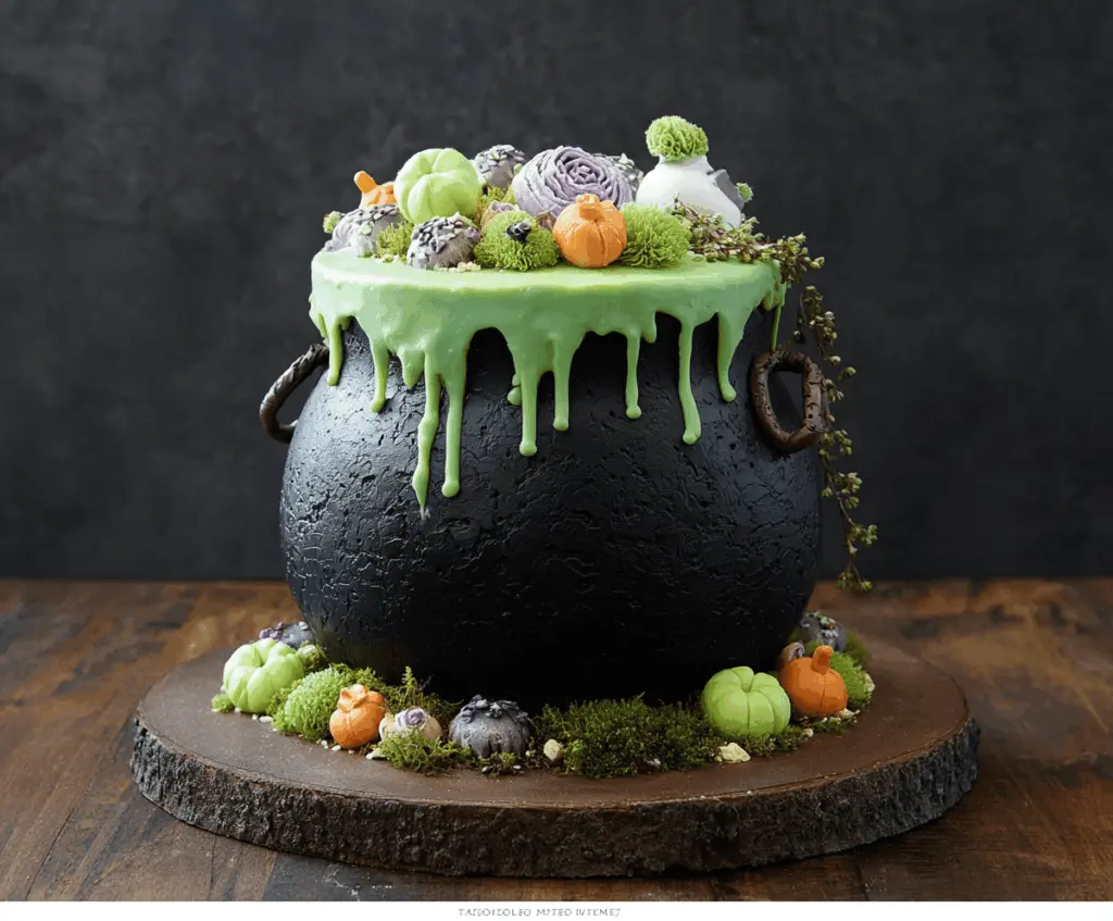Delicious Witch Cauldron Cake with green frosting, spooky decorations, and bubbling effect, perfect for Halloween celebrations