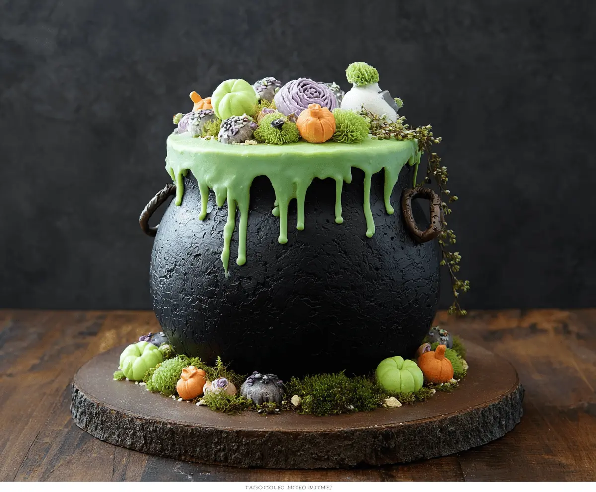 Delicious Witch Cauldron Cake with green frosting, spooky decorations, and bubbling effect, perfect for Halloween celebrations