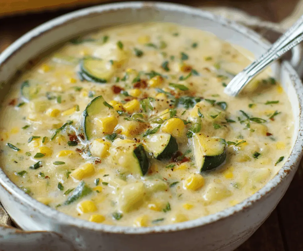 Creamy zucchini and corn chowder served in a bowl with fresh herbs, perfect for a comforting and healthy meal.