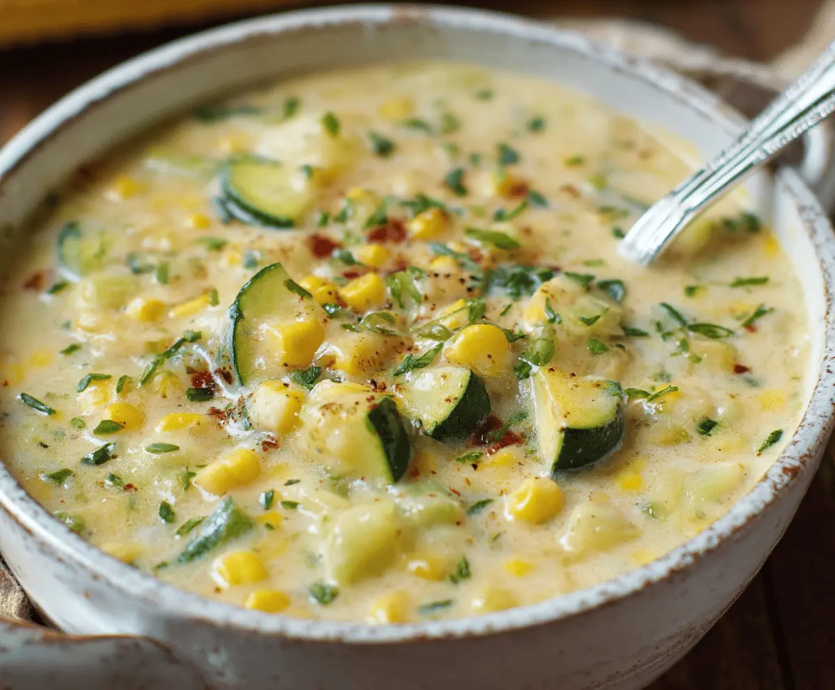 Creamy zucchini and corn chowder served in a bowl with fresh herbs, perfect for a comforting and healthy meal.