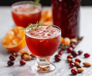 Delicious Amaretto Cranberry Kiss Cocktail served in a elegant glass, garnished with fresh cranberries and a slice of lime.