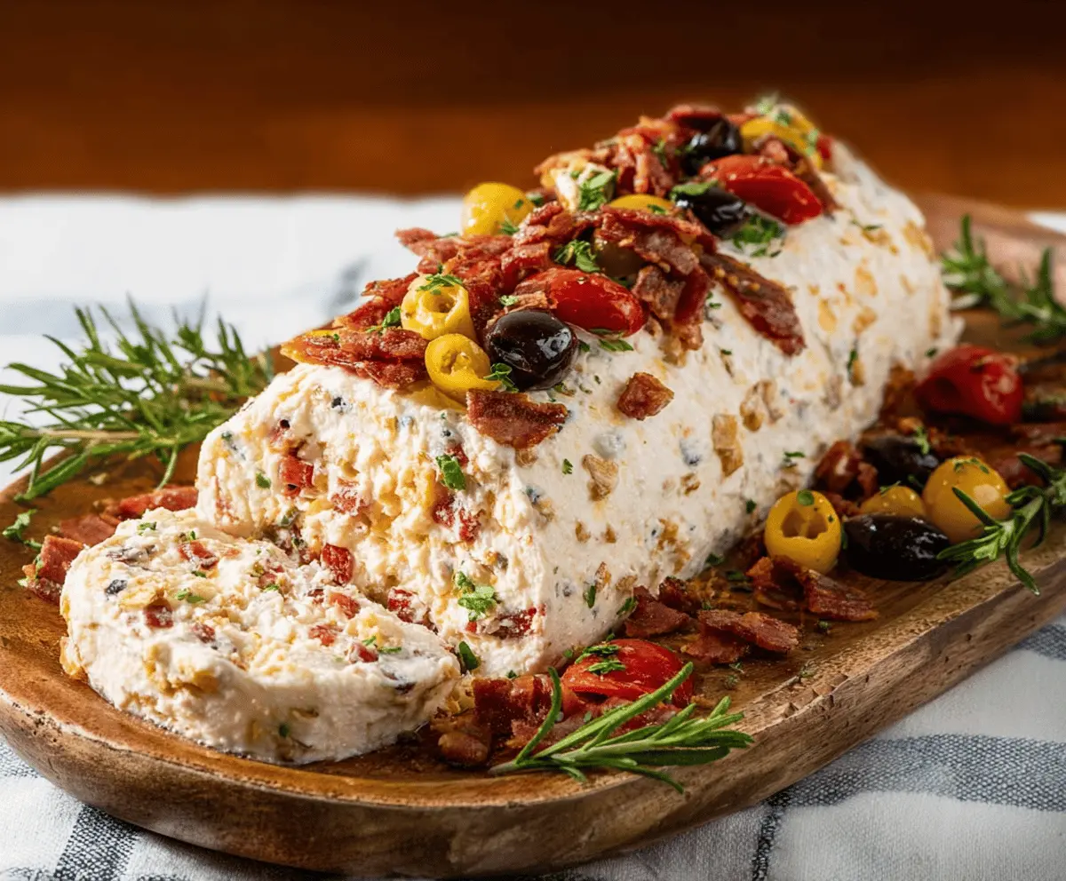 Antipasto Cheese Log served with olives and cured meats on a platter