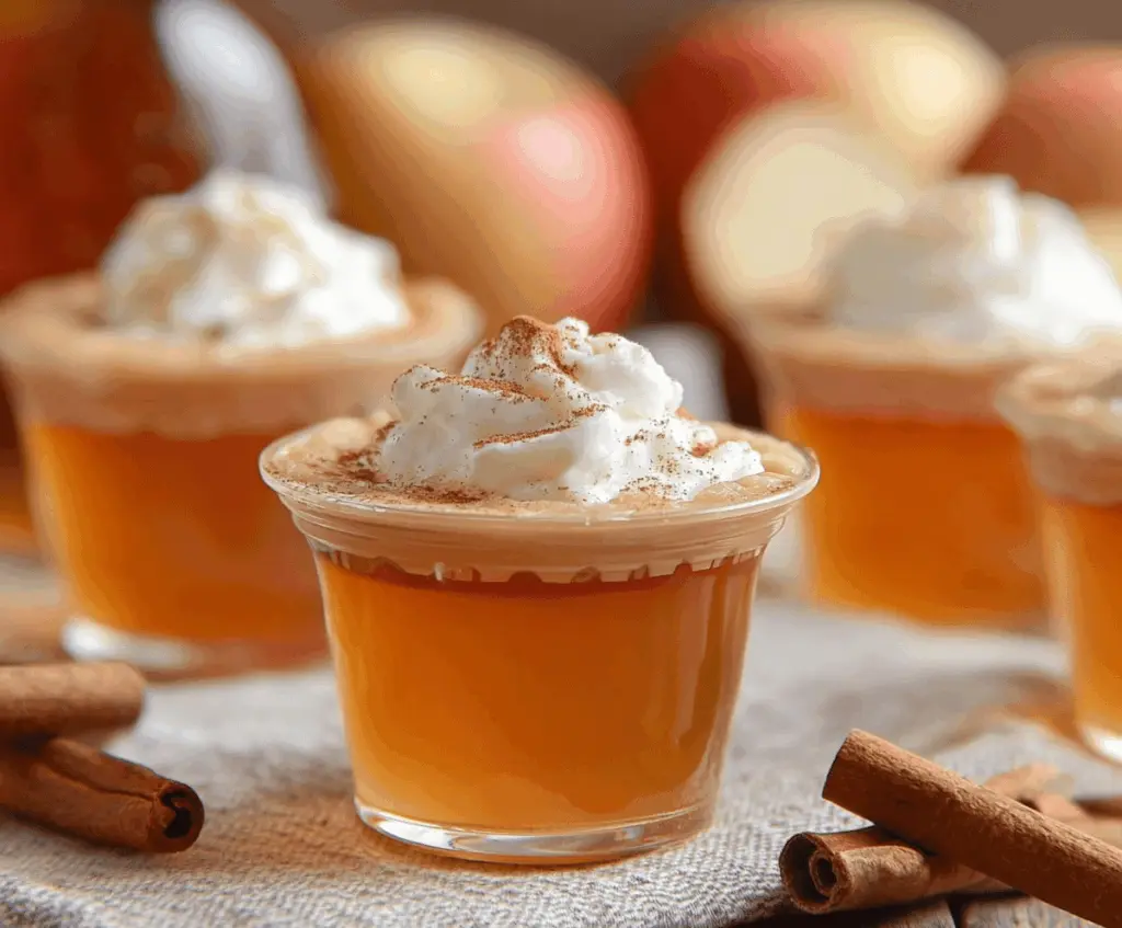 Delicious Apple Pie Jello Shots with a caramel apple garnish on a festive plate