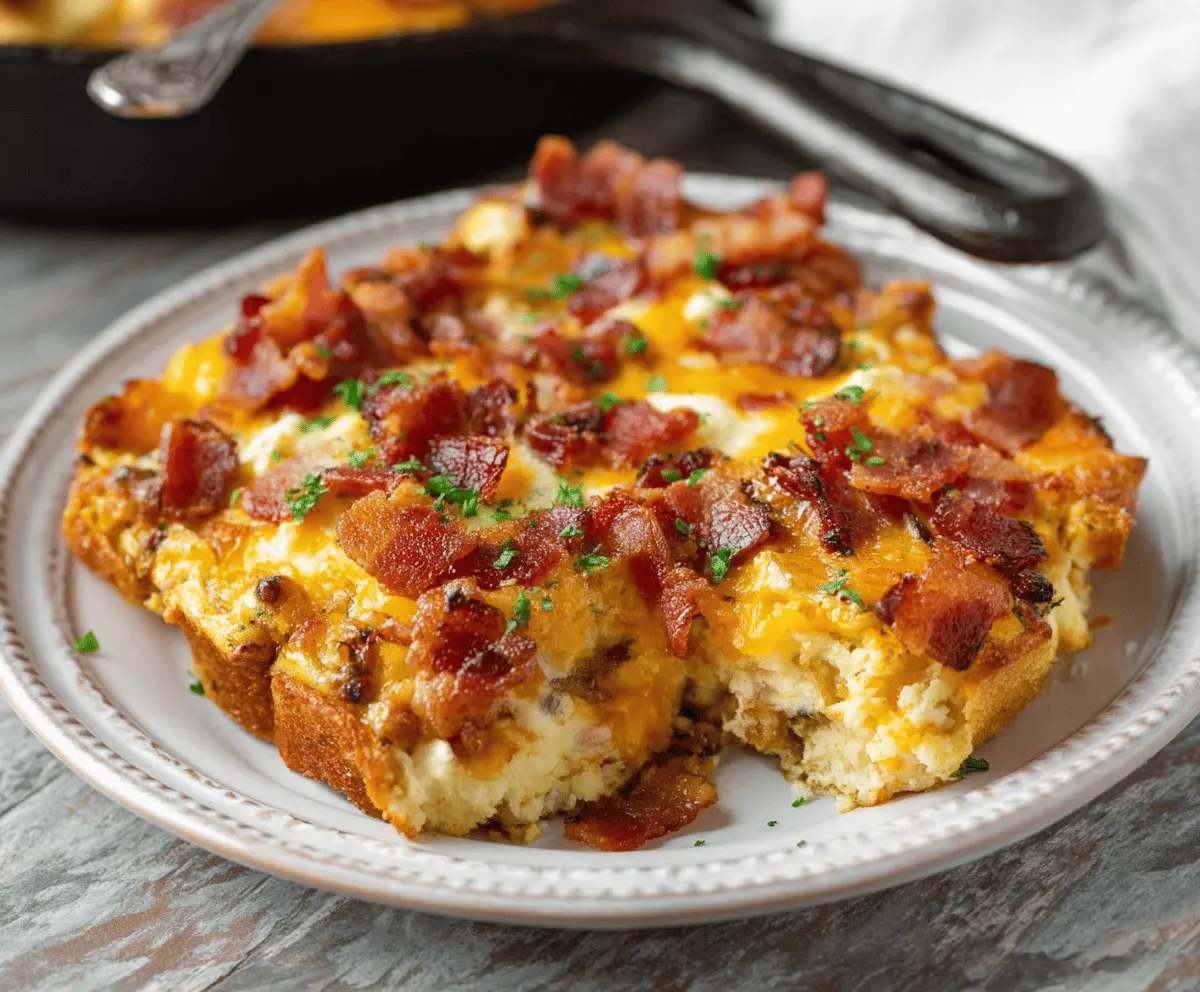 Delicious Bacon Breakfast Casserole with crispy bacon, eggs, and cheese in a baking dish