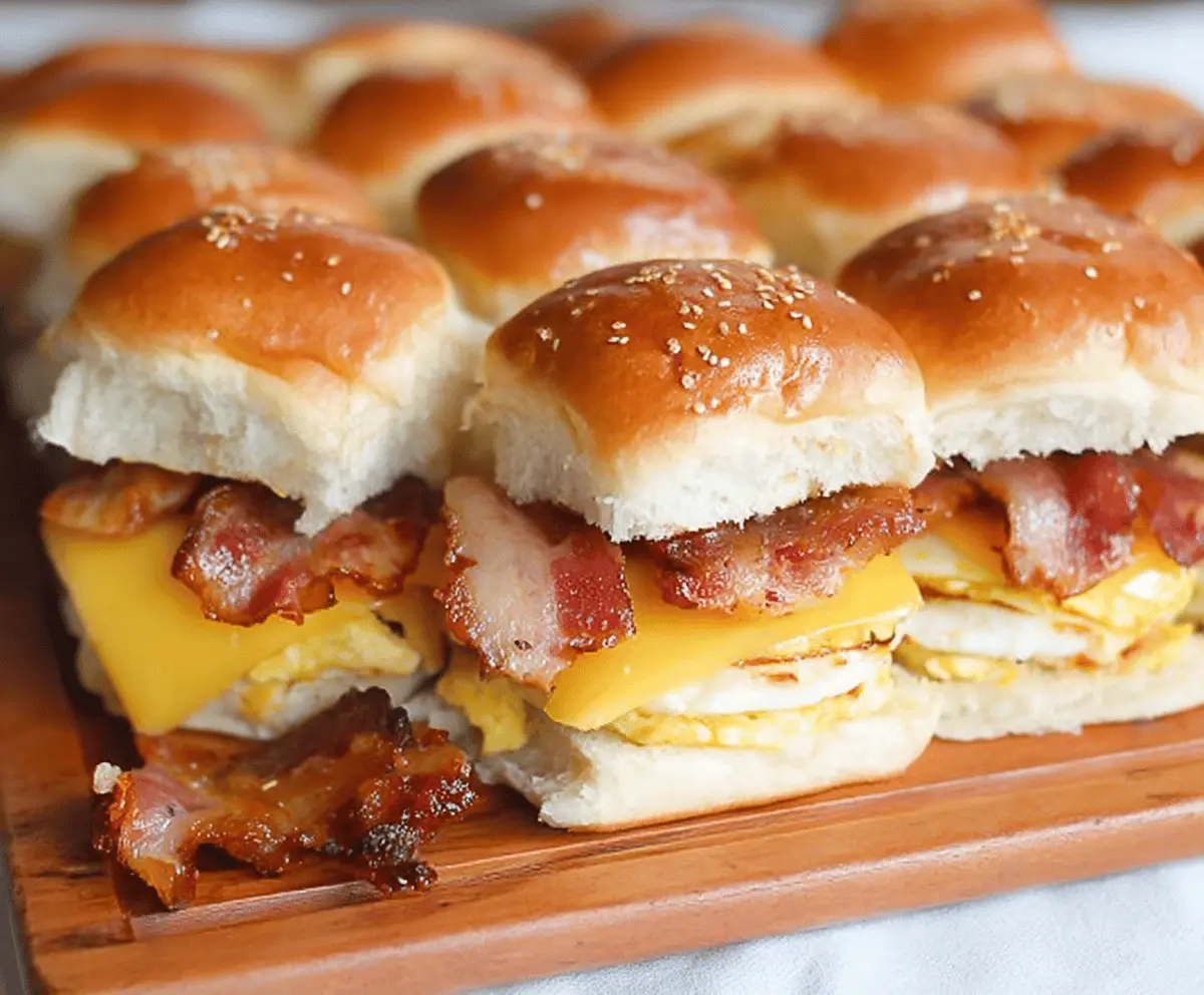 Delicious Bacon Egg and Cheese Breakfast Sliders served on a plate with fresh ingredients.