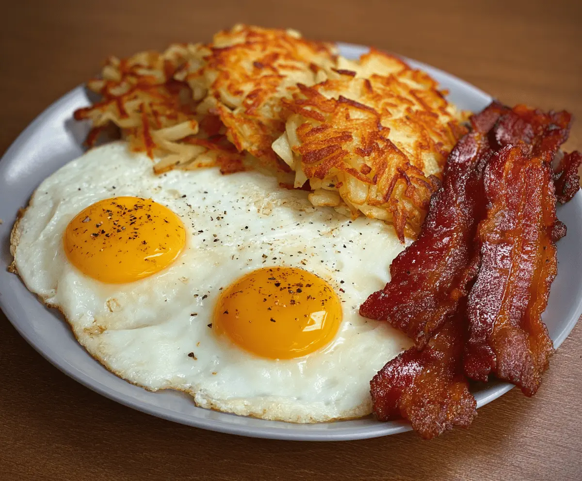 Delicious bacon, fried egg, and crispy hash browns served on a plate for breakfast.