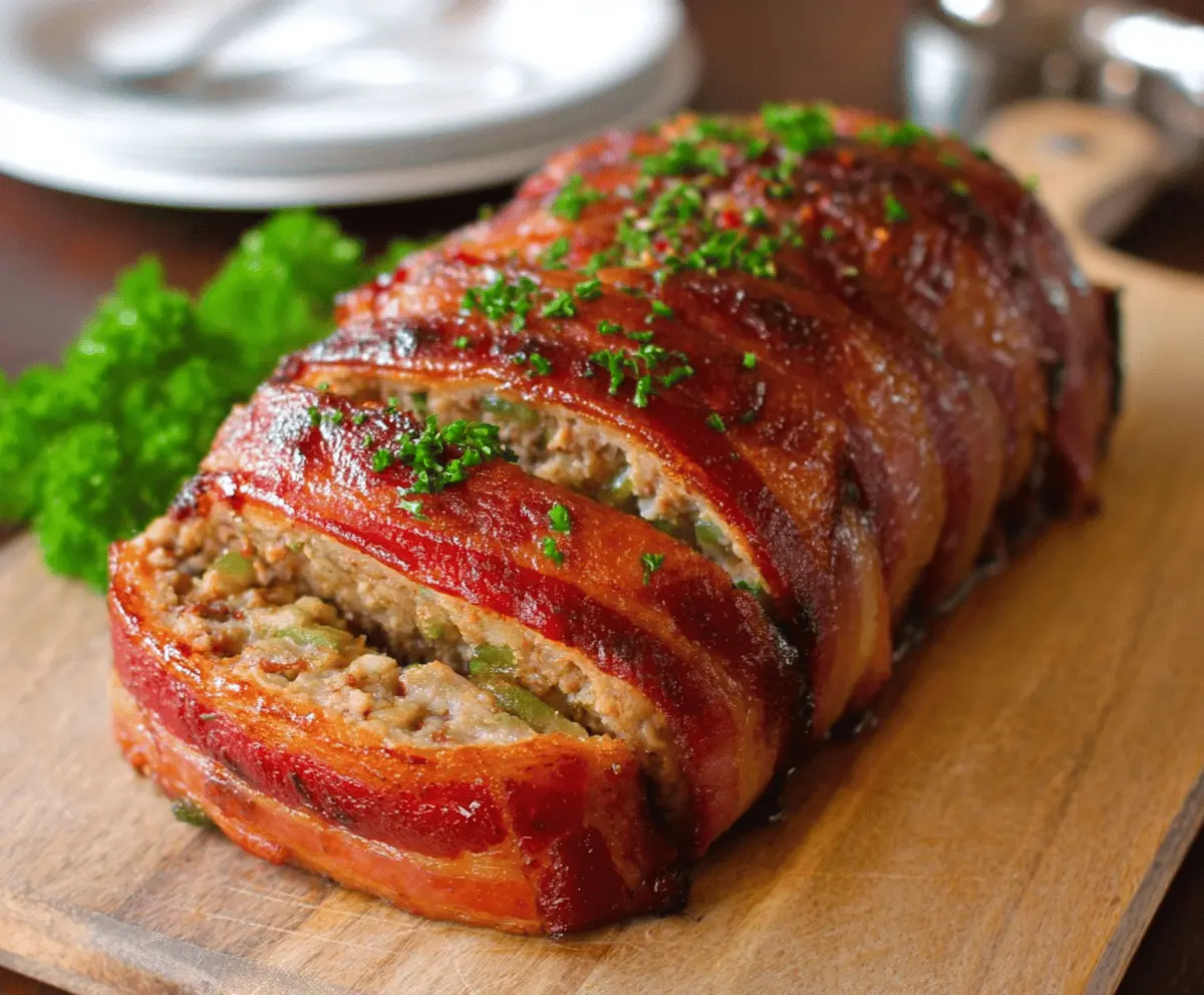 Delicious bacon-wrapped meatloaf fresh out of the oven, garnished with herbs.