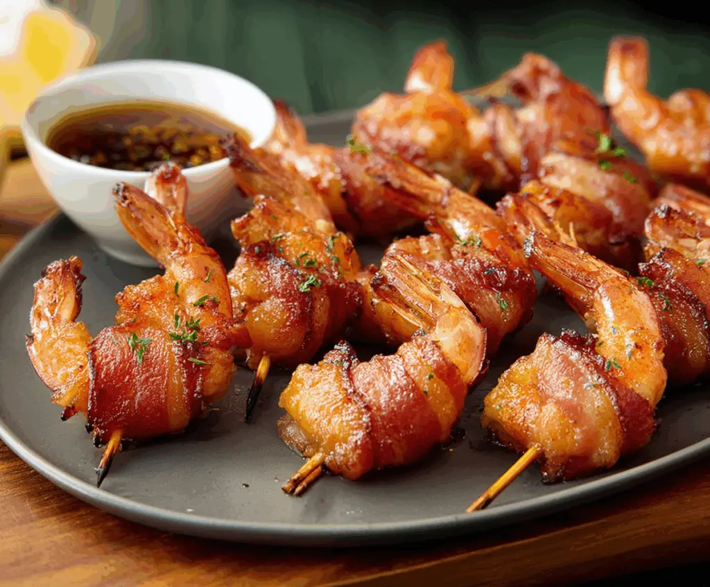 Delicious bacon-wrapped shrimp appetizer with crispy bacon and juicy shrimp on a serving platter