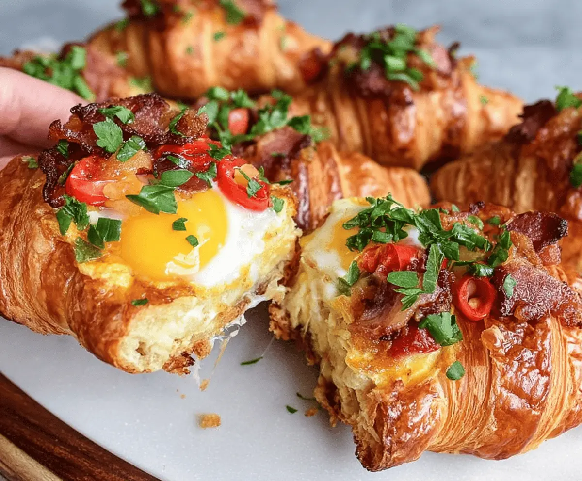 Delicious baked croissant breakfast boats filled with eggs, cheese, and fresh herbs for a tasty morning meal.