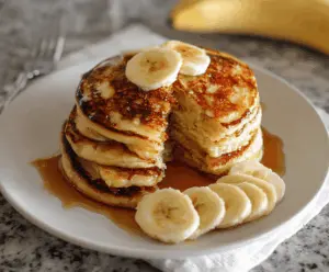 Delicious homemade banana yogurt pancakes served with fresh fruit and syrup.