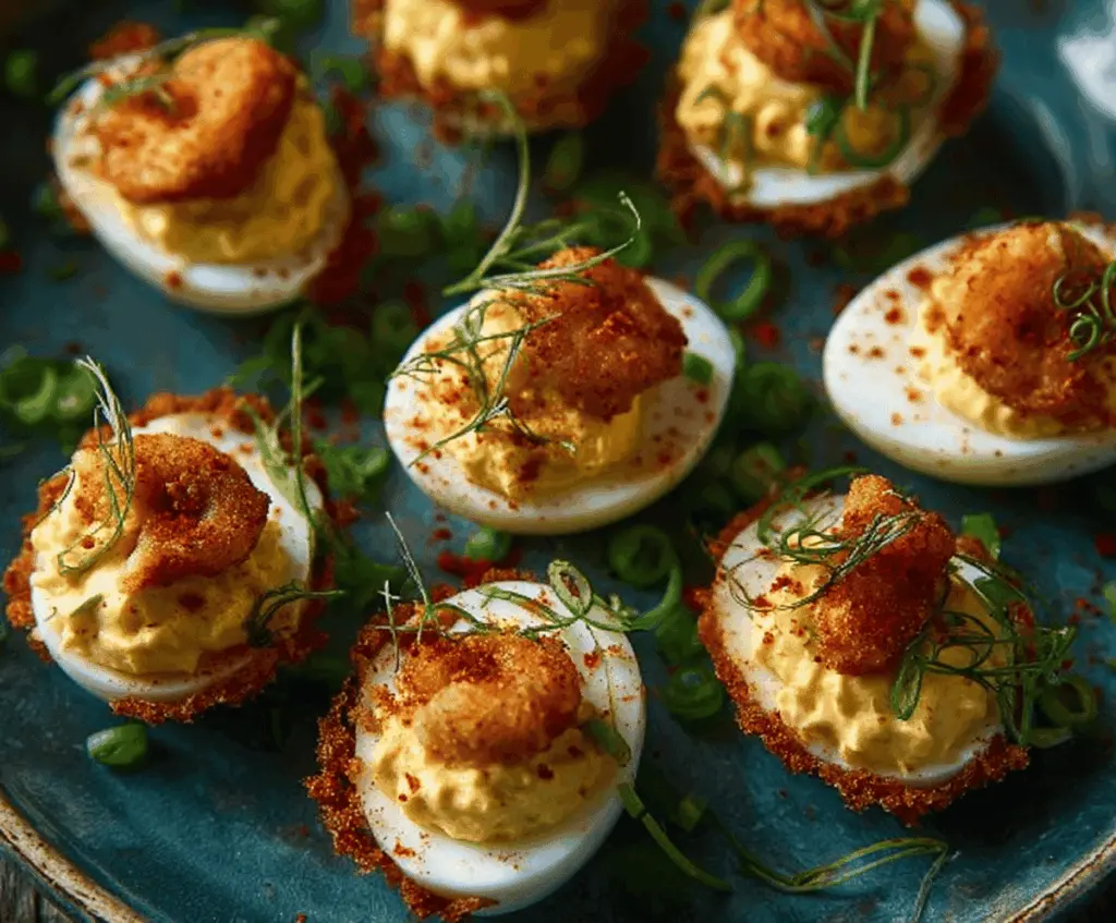 Bayou-inspired deviled eggs garnished with fresh herbs for a flavorful appetizer.