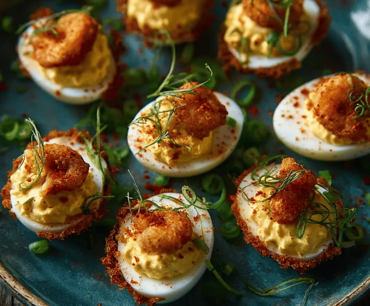 Bayou-inspired deviled eggs garnished with fresh herbs for a flavorful appetizer.