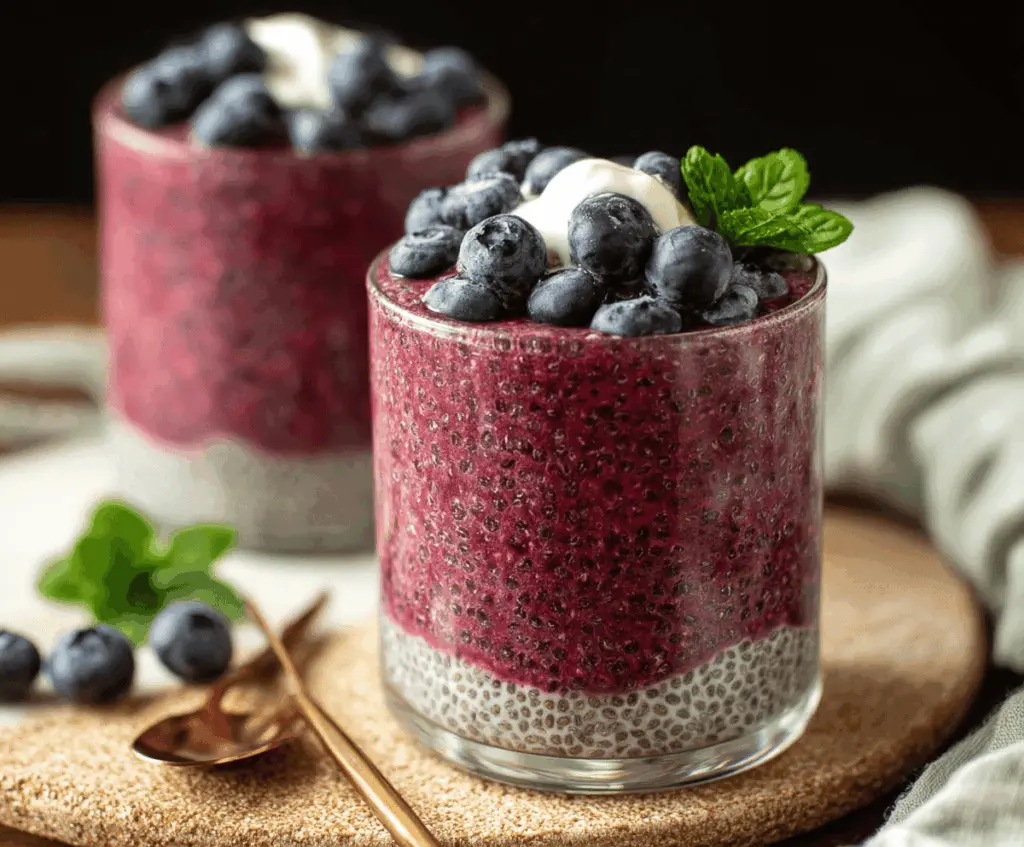 Delicious Berry Chia Seed Pudding topped with fresh berries and mint for a healthy breakfast.