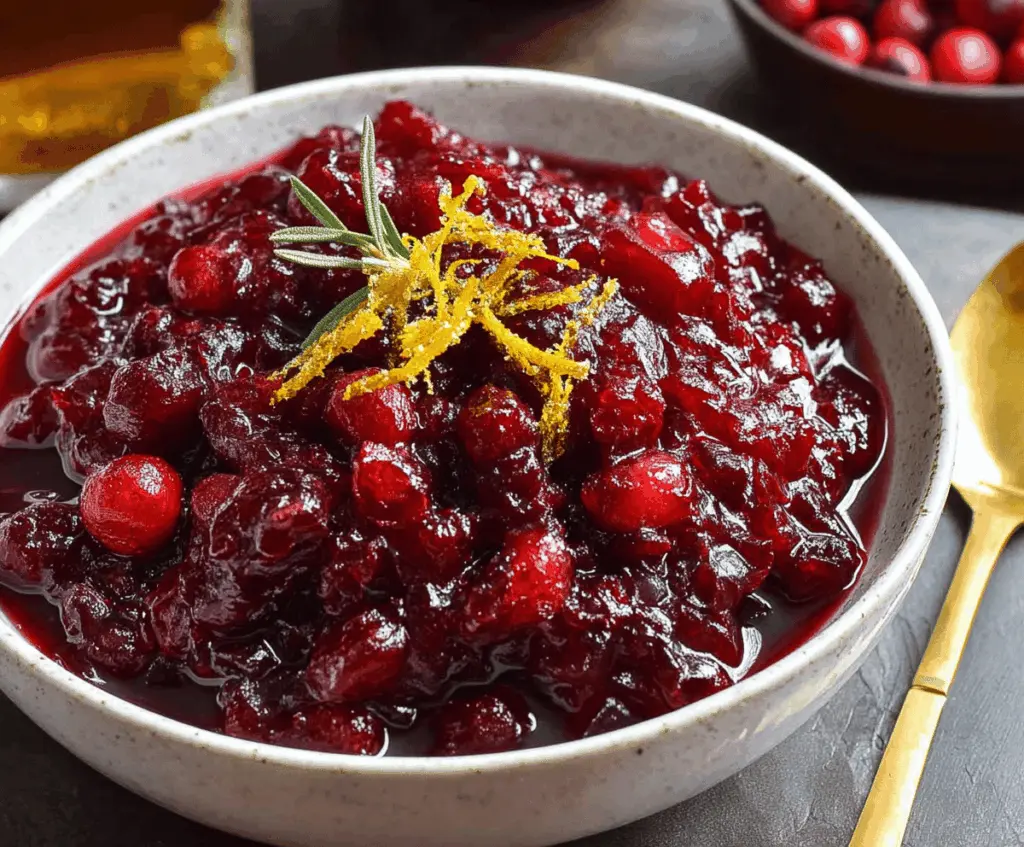 Homemade bourbon cranberry sauce served in a bowl, perfect for holiday desserts and main dishes.