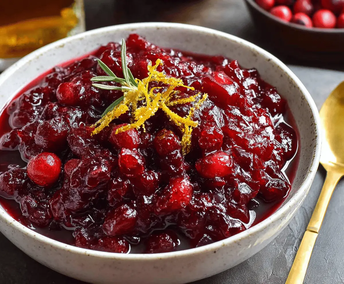 Homemade bourbon cranberry sauce served in a bowl, perfect for holiday desserts and main dishes.