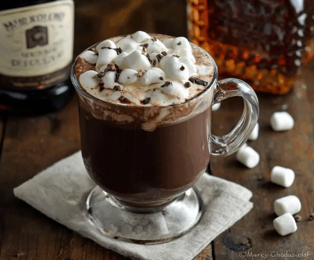 Rich Bourbon Spiked Hot Chocolate topped with whipped cream and chocolate shavings