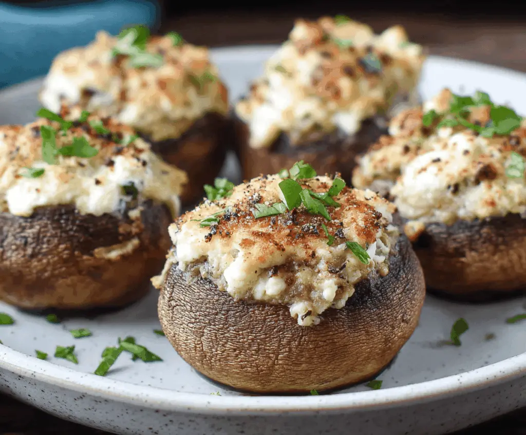 Delicious Boursin stuffed mushrooms garnished with herbs for an appetizer