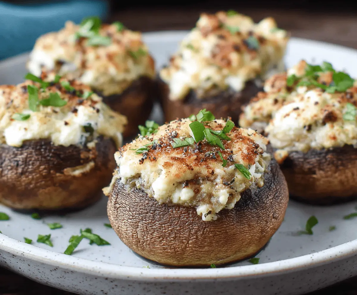 Delicious Boursin stuffed mushrooms garnished with herbs for an appetizer
