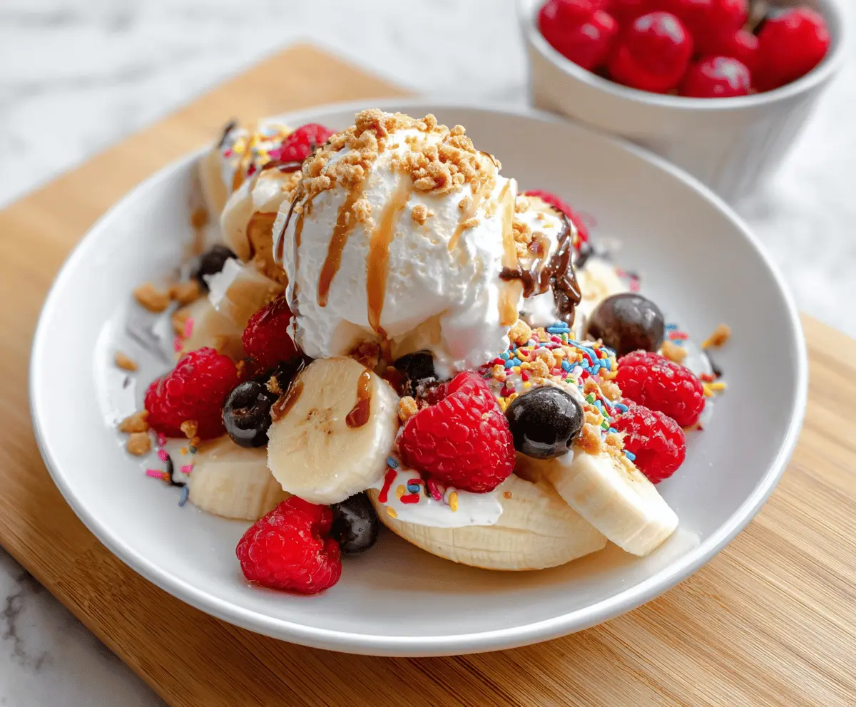 Delicious Breakfast Banana Split with fresh bananas, berries, and creamy yogurt served on a plate.