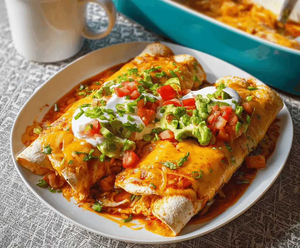 Delicious breakfast enchiladas filled with cheese, eggs, and savory spices on a plate.