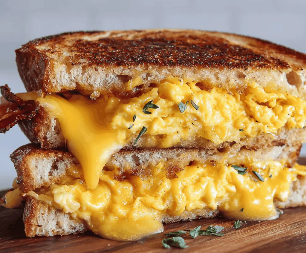 Delicious breakfast grilled cheese sandwich with melted cheese and crispy bread