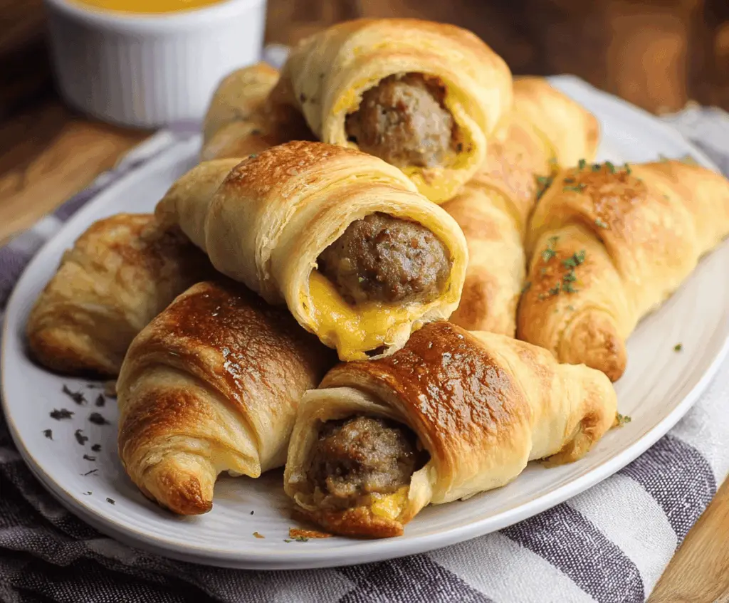 Delicious breakfast sausage crescent rolls served fresh and golden.