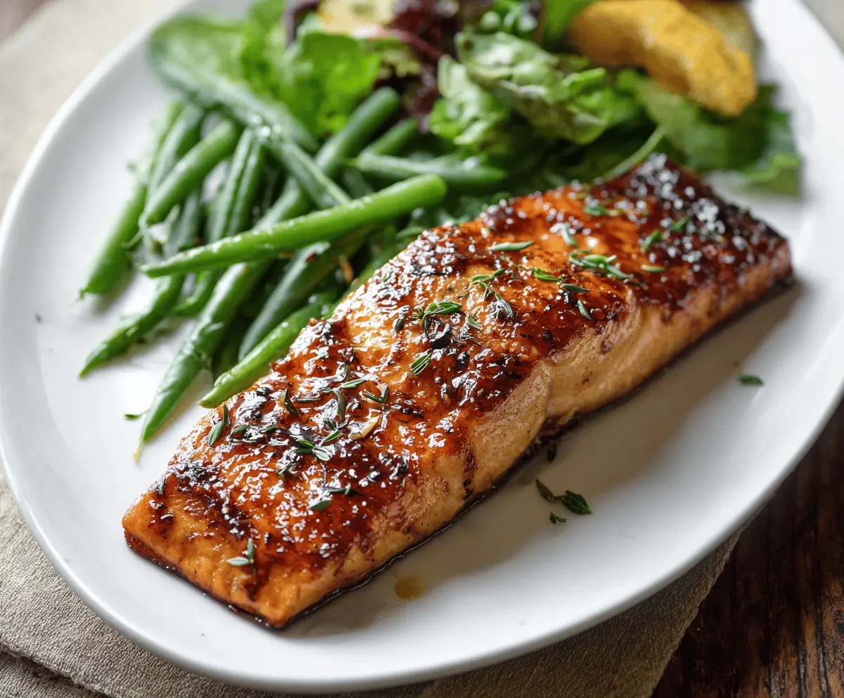 Delicious Brown Sugar Glazed Salmon served on a plate with sides.