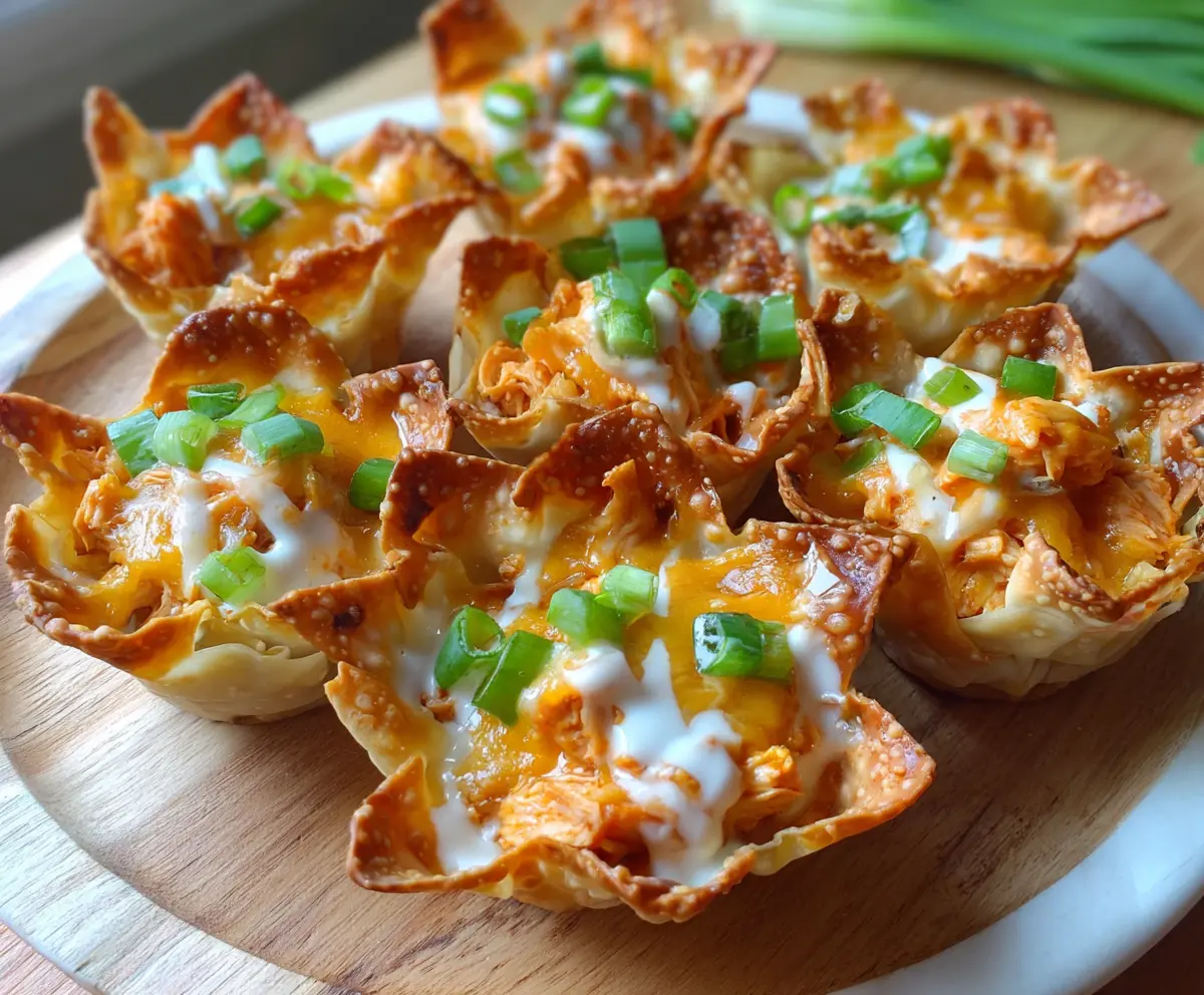 Delicious Buffalo Chicken Wonton Cups topped with creamy sauce and crispy fried onions.