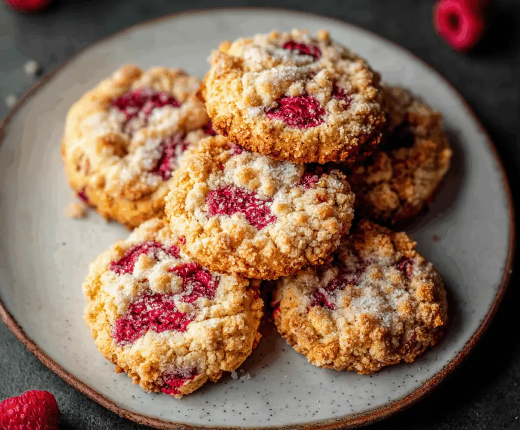 Delicious buttery raspberry crumble cookies on a plate, showing a golden crust and berry filling.