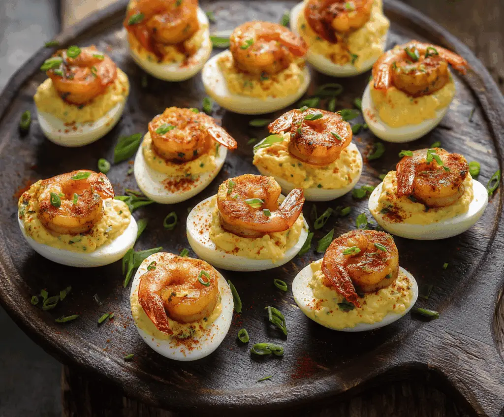 Delicious Cajun Shrimp Deviled Eggs, featuring spicy shrimp filling topped with herbs.