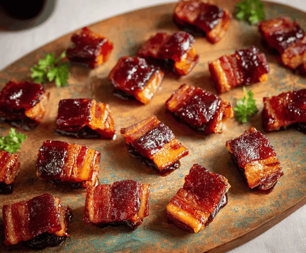 Delicious candied bacon bites garnished with sugar and spices for a sweet and savory appetizer.