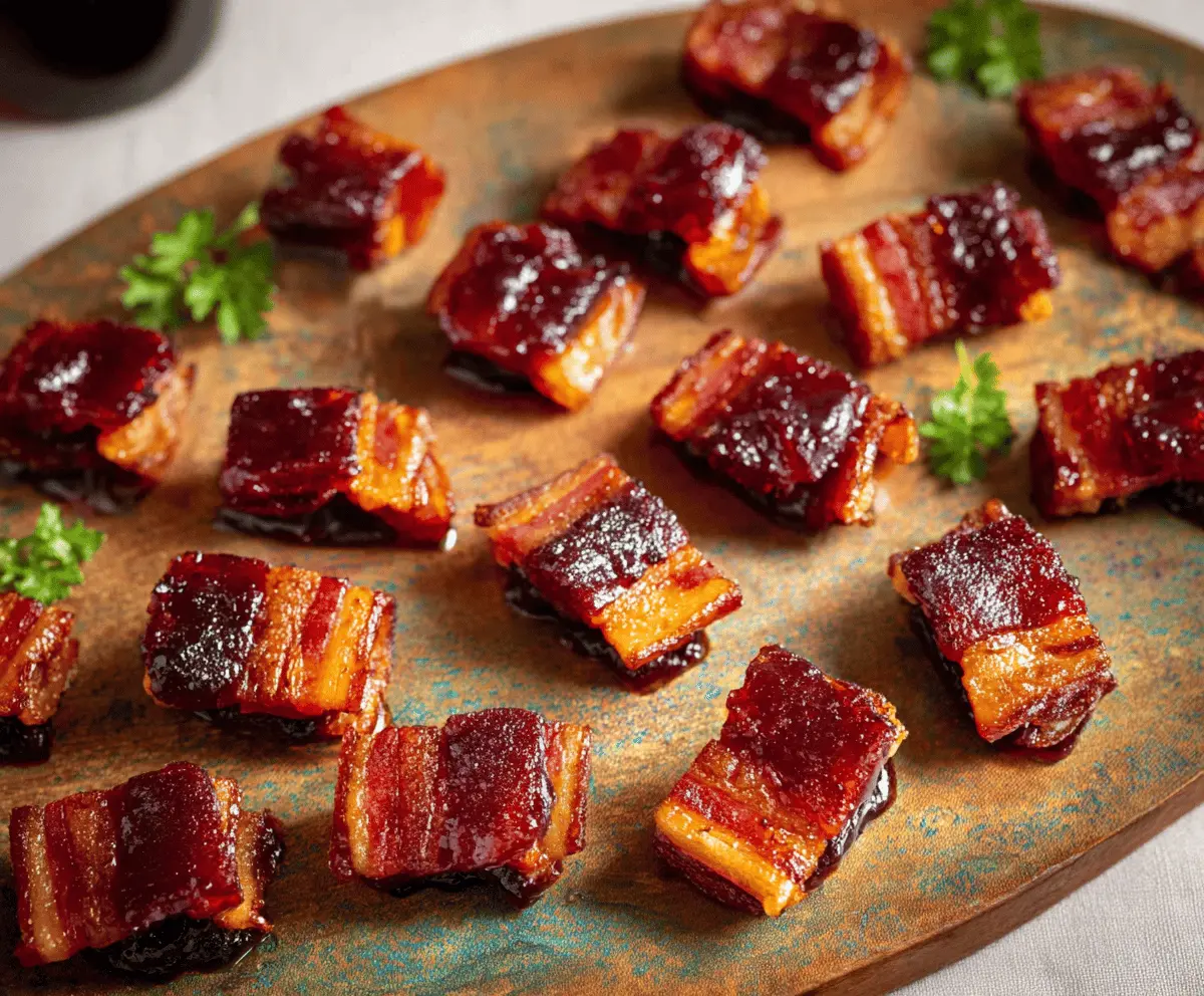 Delicious candied bacon bites garnished with sugar and spices for a sweet and savory appetizer.