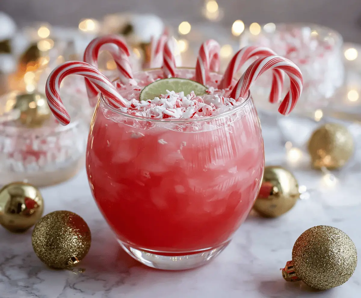 Festive Candy Cane Punch Mocktail served in a clear glass with peppermint garnish for holiday celebration.