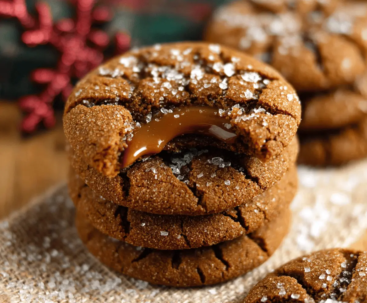 Delicious caramel-stuffed gingerbread cookies with a festive holiday appearance.