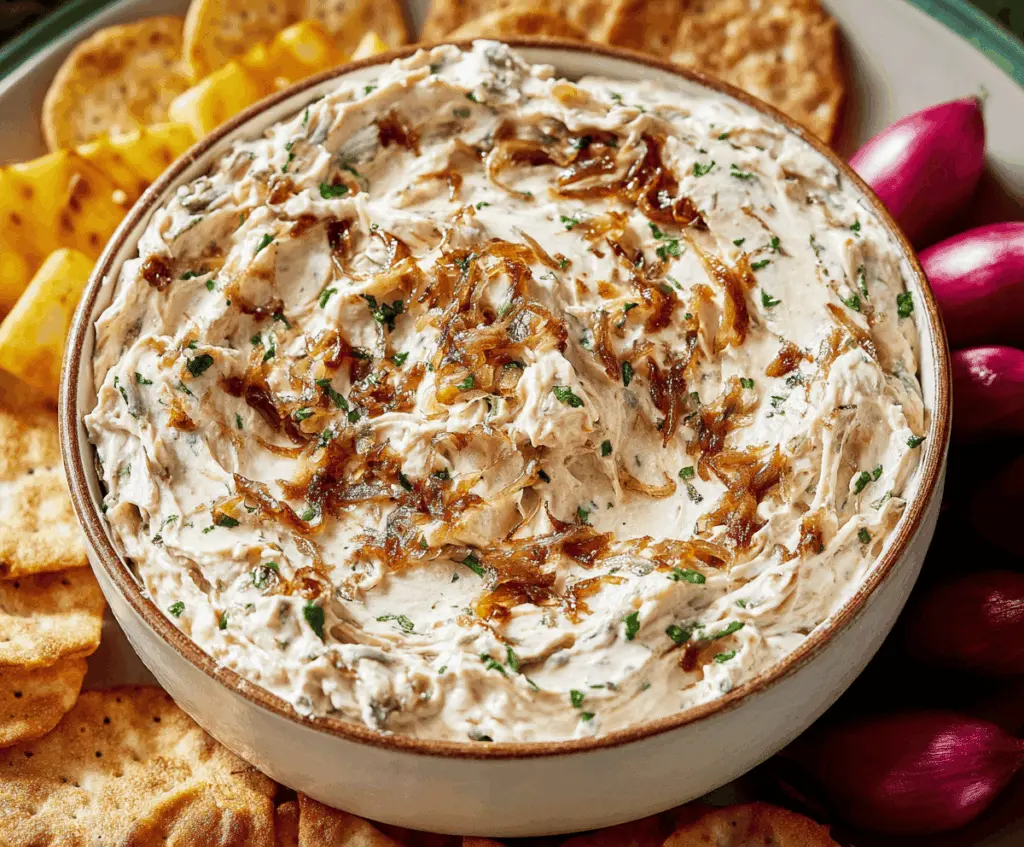 Creamy caramelized onion dip served in a bowl, perfect for snacking and parties.