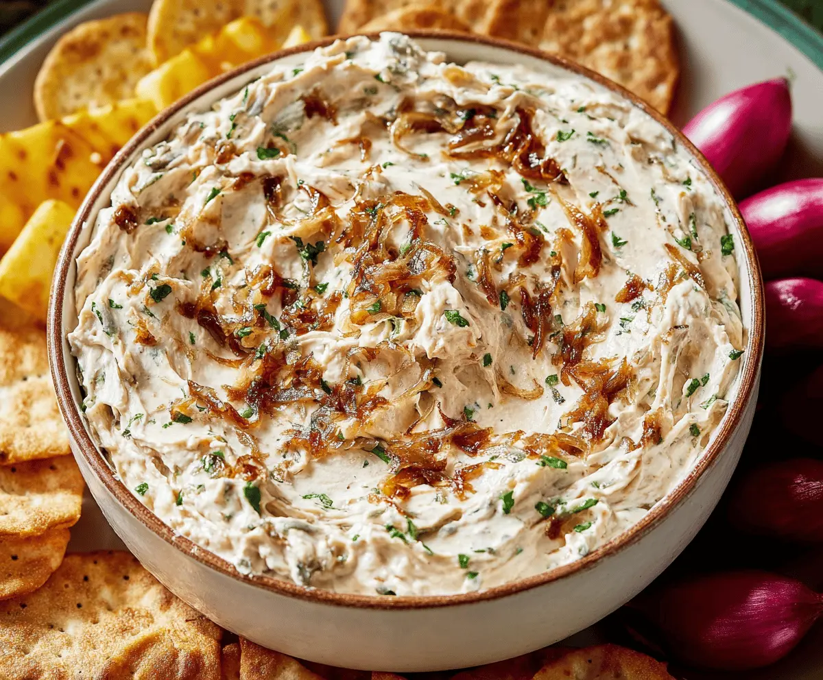 Creamy caramelized onion dip served in a bowl, perfect for snacking and parties.