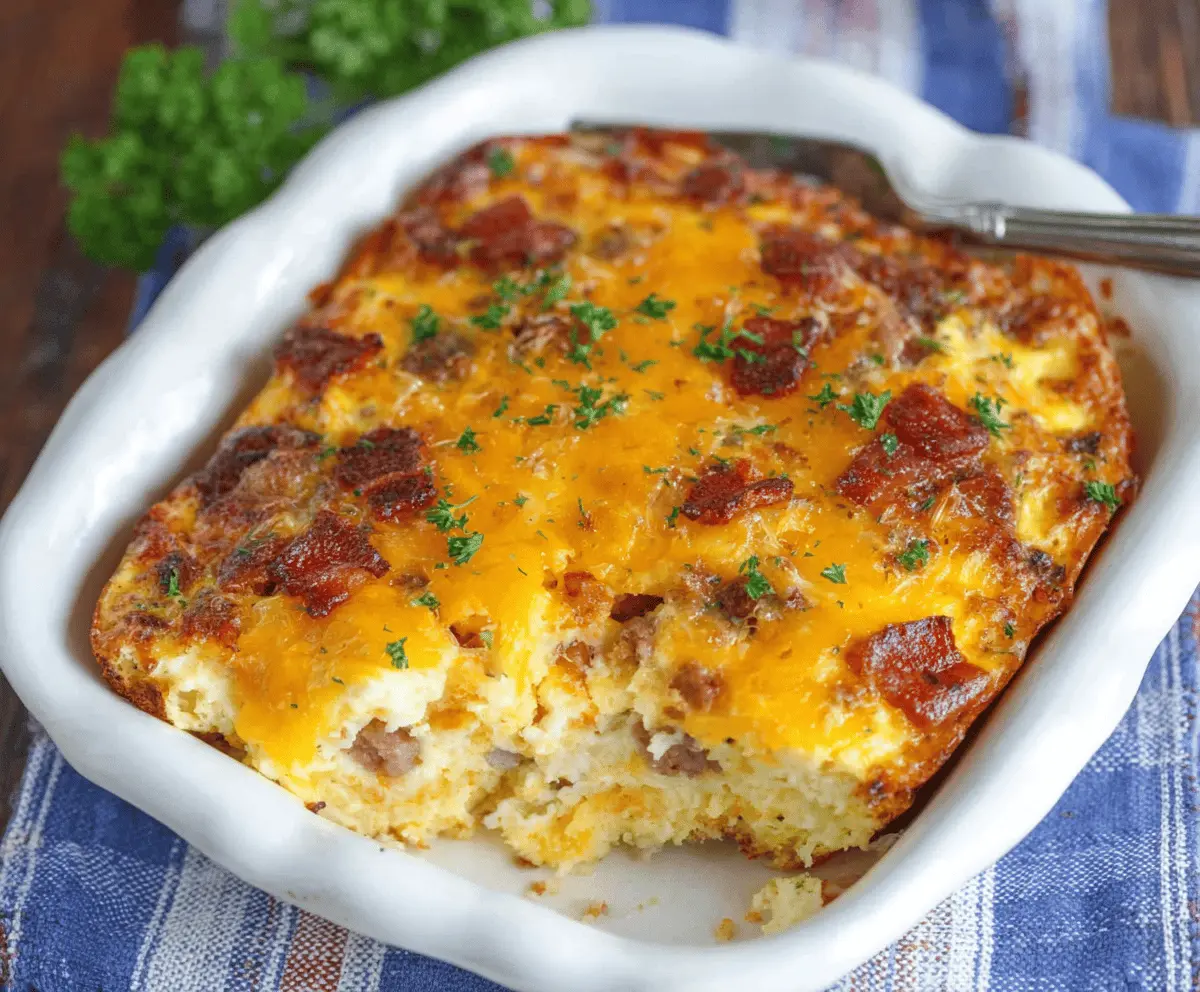 Delicious Cheesy Amish Breakfast Casserole with eggs, cheese, and breakfast meats in a baking dish