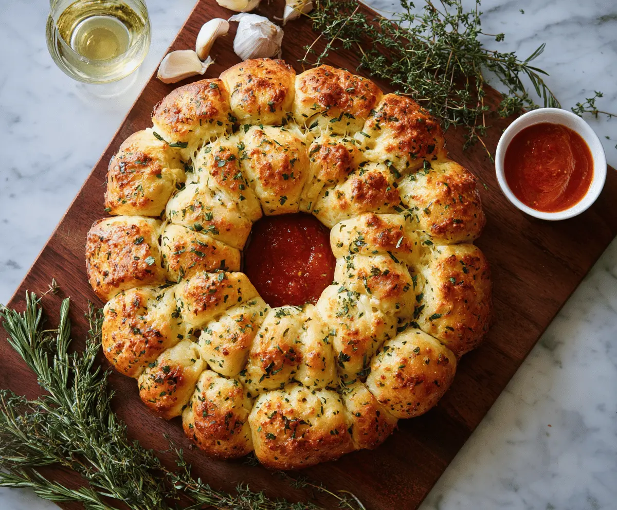Delicious cheesy garlic pull-apart wreath fresh from the oven, perfect for sharing at gatherings.