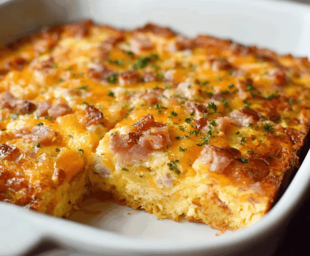 Delicious cheesy hashbrown egg casserole topped with melted cheese and fresh herbs.