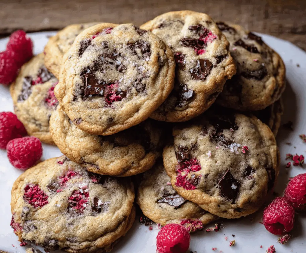 Delicious chewy raspberry chocolate chip cookies fresh out of the oven.