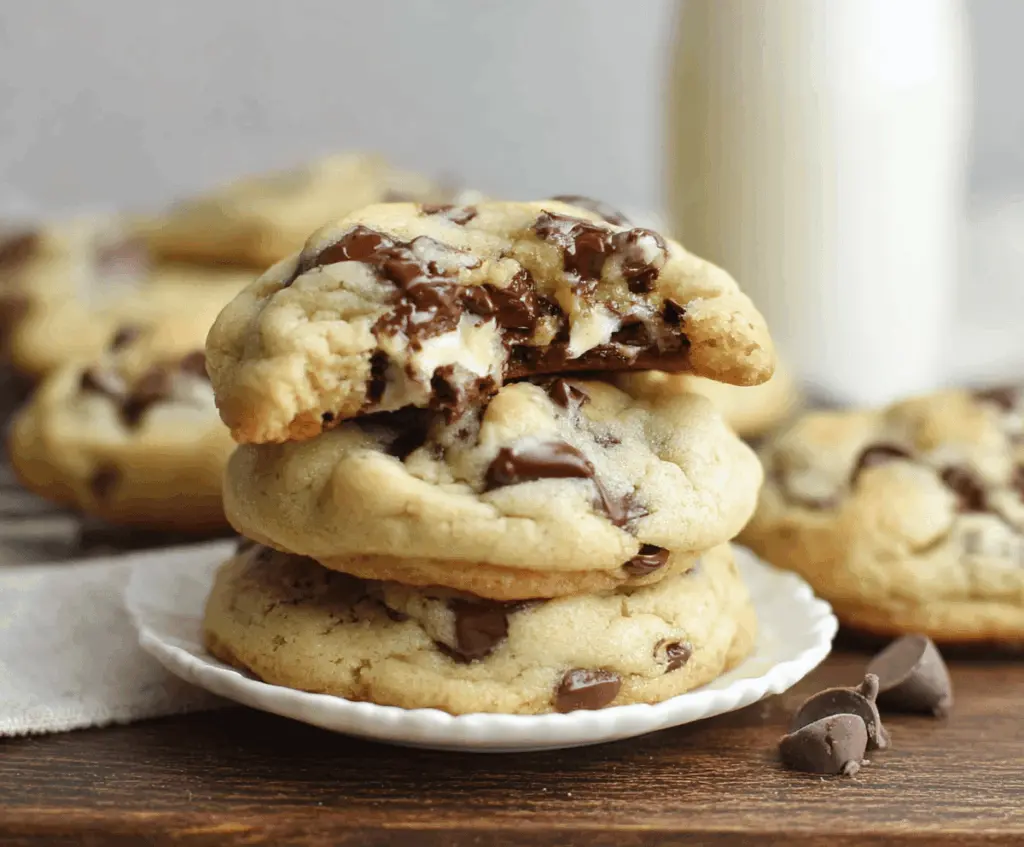 Delicious homemade chocolate chip cheesecake cookies with creamy filling and gooey chocolate chips.