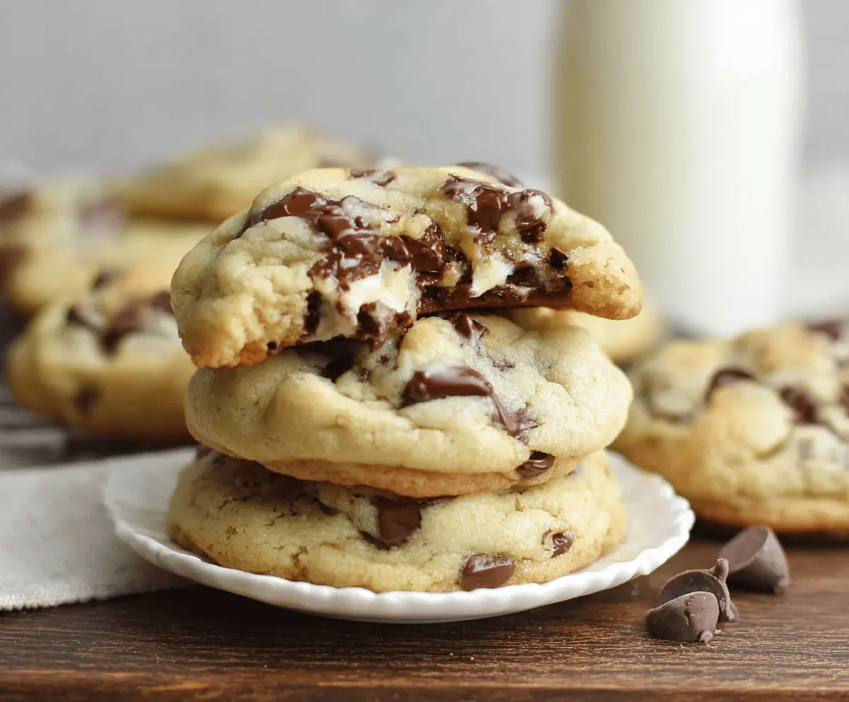 Delicious homemade chocolate chip cheesecake cookies with creamy filling and gooey chocolate chips.