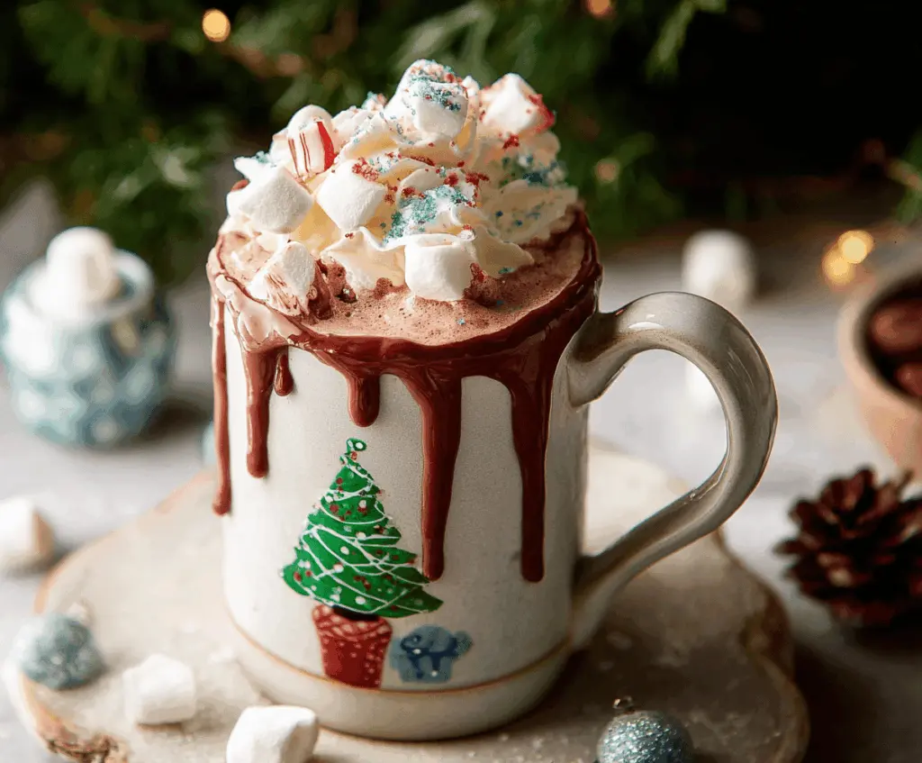 Festive Christmas hot chocolate topped with whipped cream and colorful sprinkles for holiday cheer.